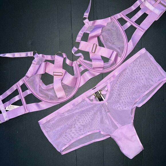 Victoria's Secret unlined 36DD BRA SET XL PANTY strappy banded mesh LILAC PURPLE - Picture 4 of 8